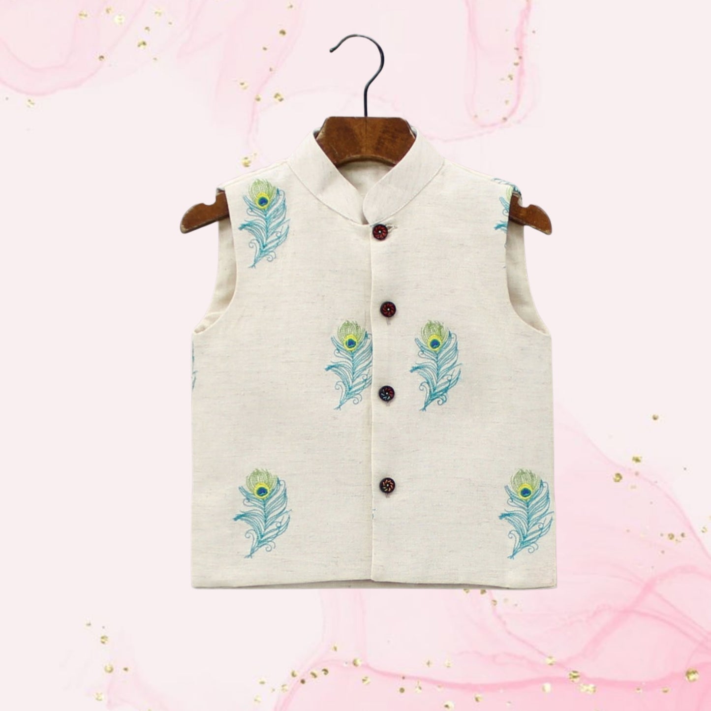 Janmashtami Special: Off White Embroidered Sleeveless Jacket