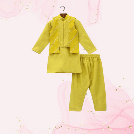 Pre Order: Mustard Kurta With Pin Tuck Jacket And Pyjama