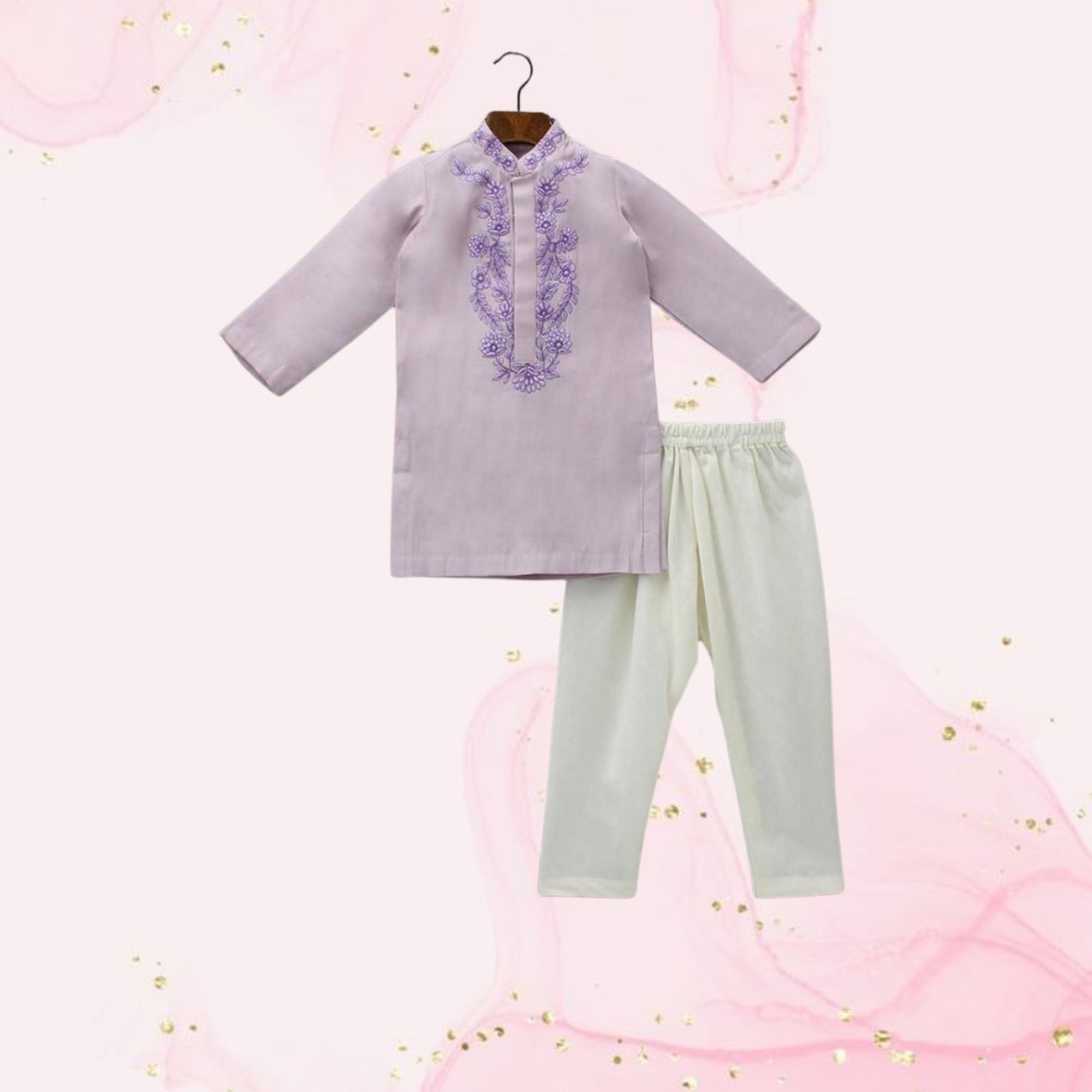 Pre Order: Embroidered Collar and Placket Lilac Kurta With Churidar