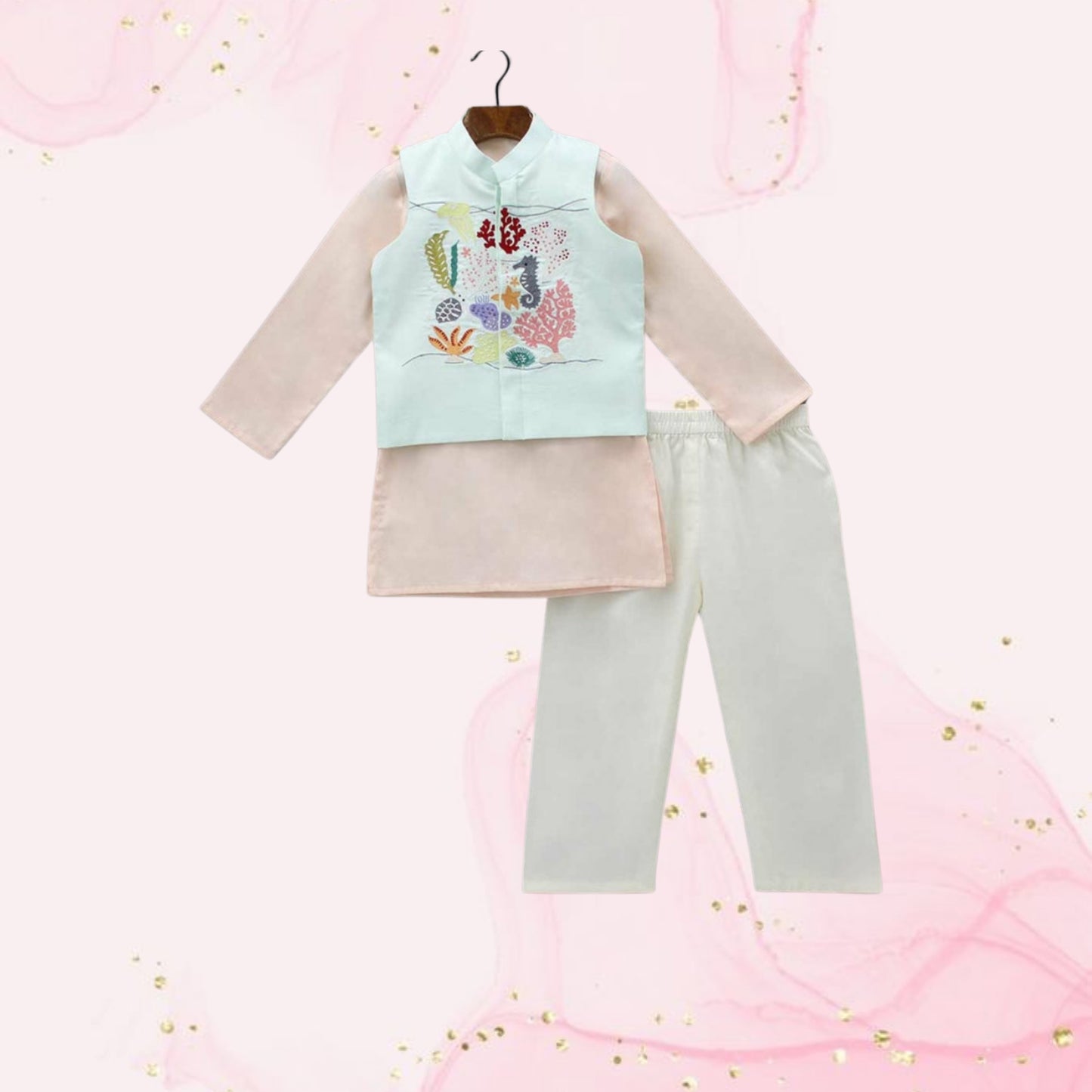 Pre Order: Peach Kurta With Sea Life Embroidered Jacket And Pyjama