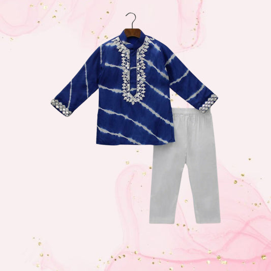 Pre Order: Blue Lehariya Striped Kurta With White Pyjama