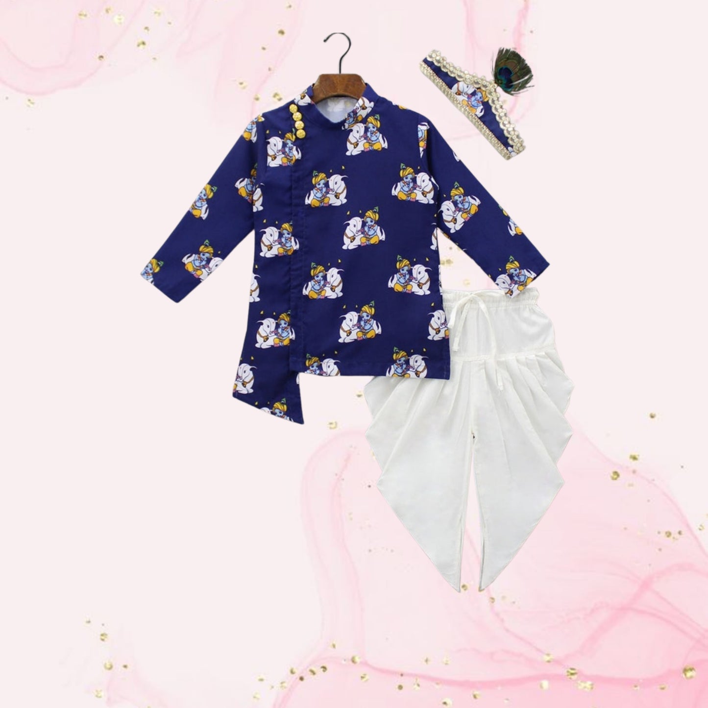 Janmashtami Special: Krishna Printed Blue Kurta With Dhoti And Mukut