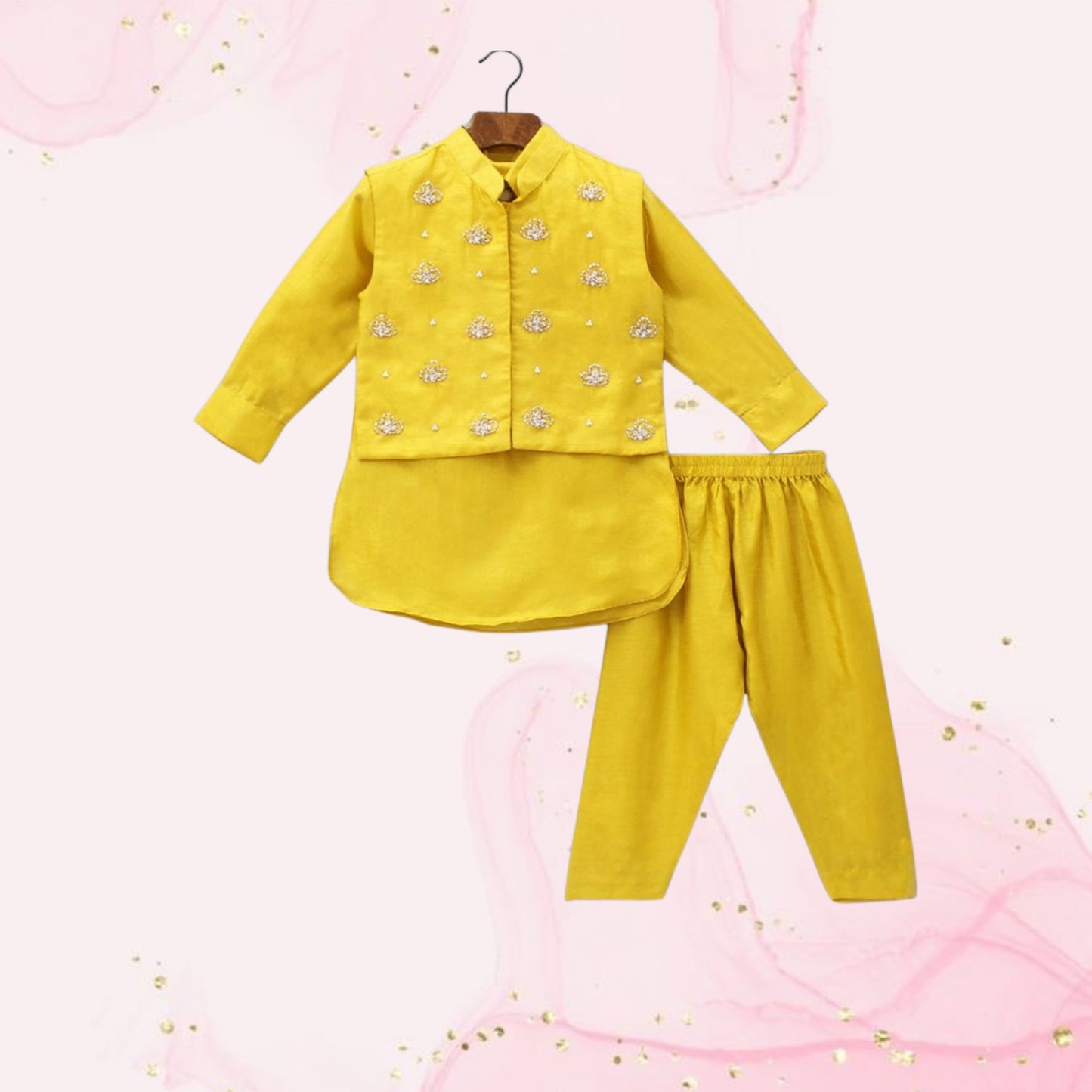 Pre Order: Collar-Neck Mustard Kurta With Embroidered Jacket And Pyjama