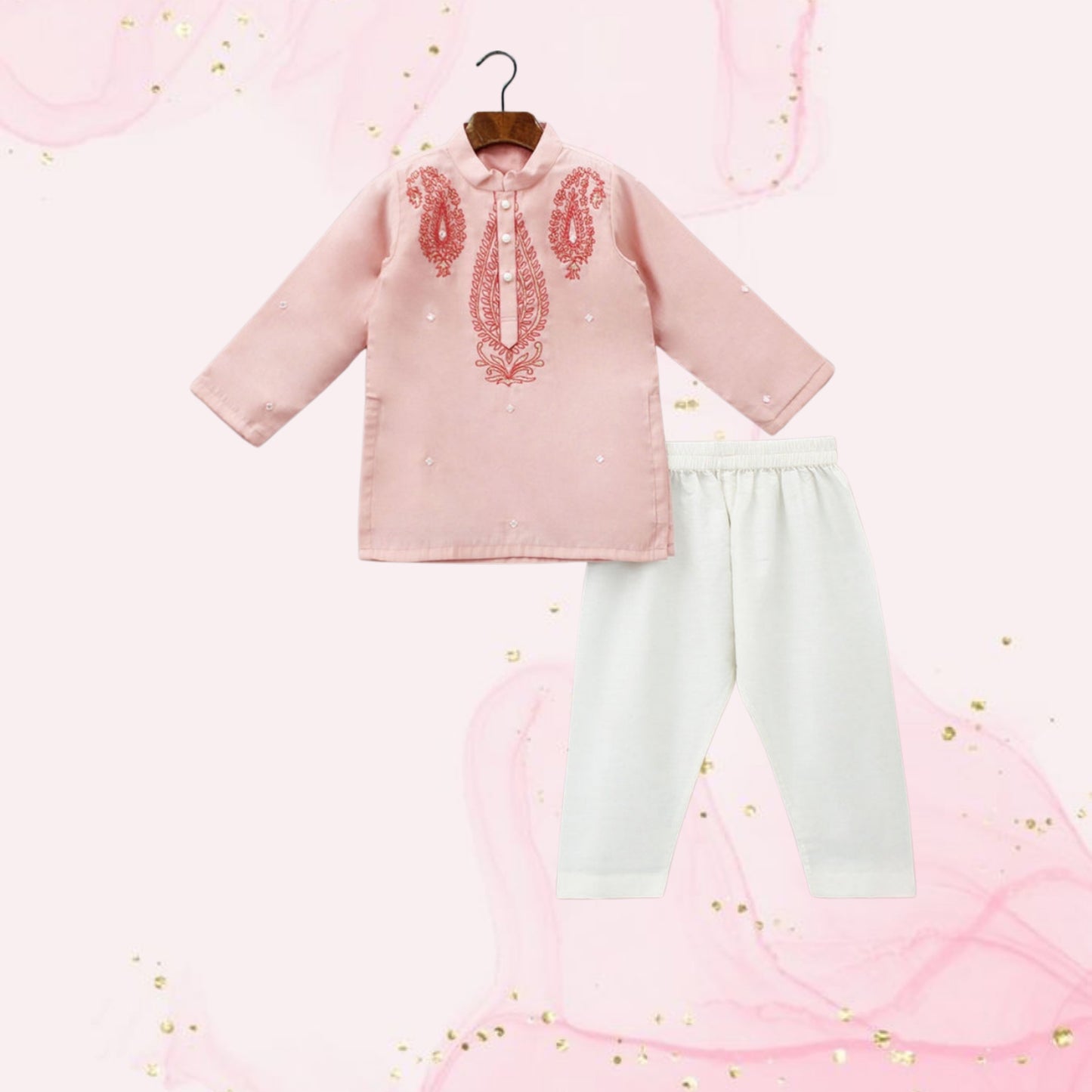 Pre Order: Thread Embroidered Peach Kurta And Pyjama