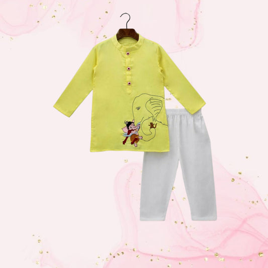 Pre Order: Ganesh Thread Embroidered Yellow Kurta And White Pyjama