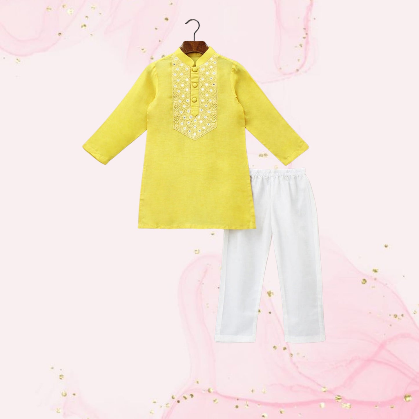 Pre Order: Thread Embroidered Yellow Kurta And Pyjama