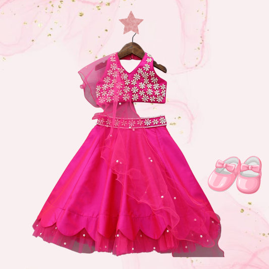 Halter Neck Pink Floral Embroidered Top And Scalloped Hem Lehenga With Flat Back Pearls Enhanced Ruffle Dupatta