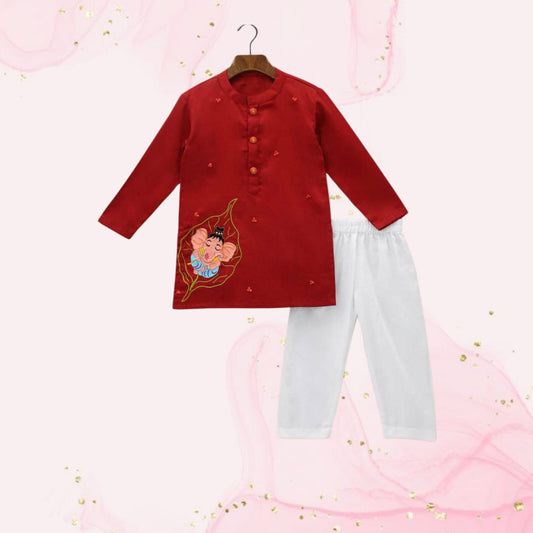 Pre Order: Ganesh Thread Embroidered Red Kurta And White Pyjama