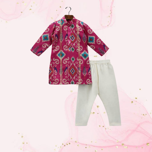 Pre Order: Ikat Printed Pink Kurta With Churidar