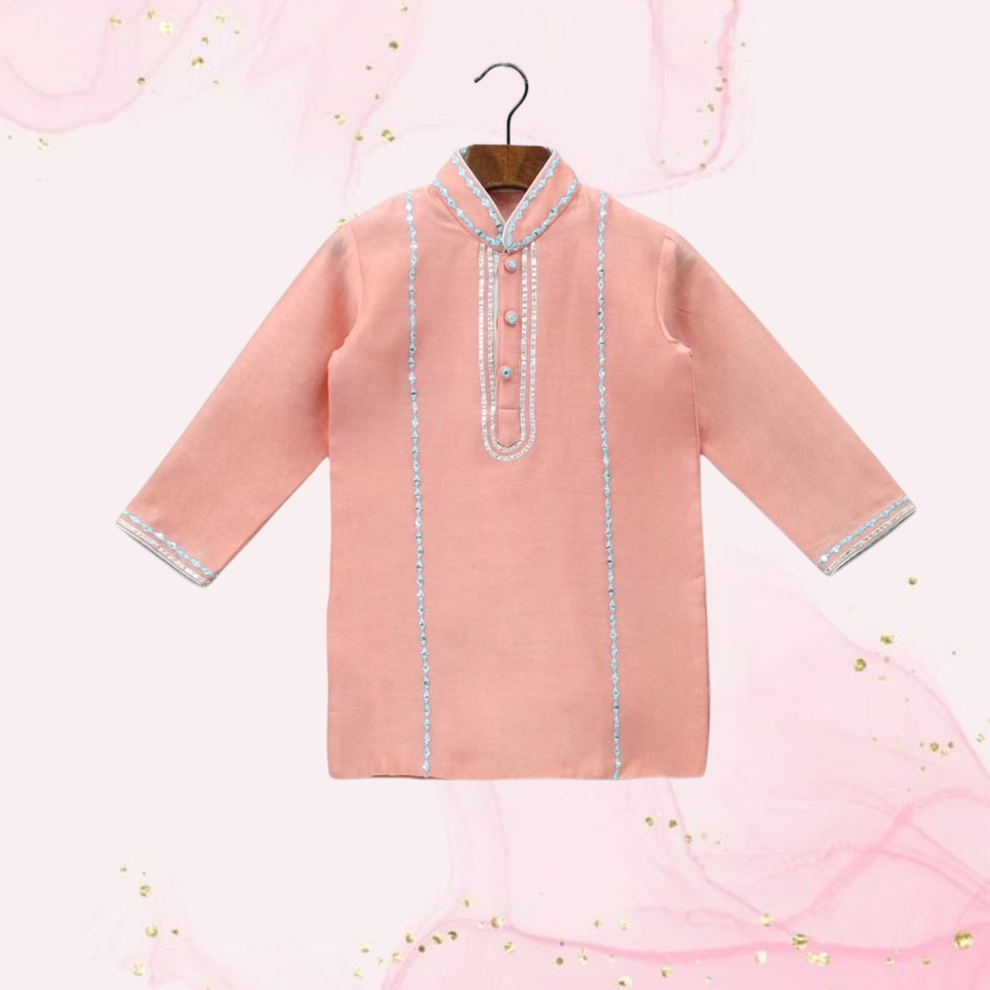 Pre Order: Fuax Mirror And Gota Lace Detail Peach Kurta And Pyjama