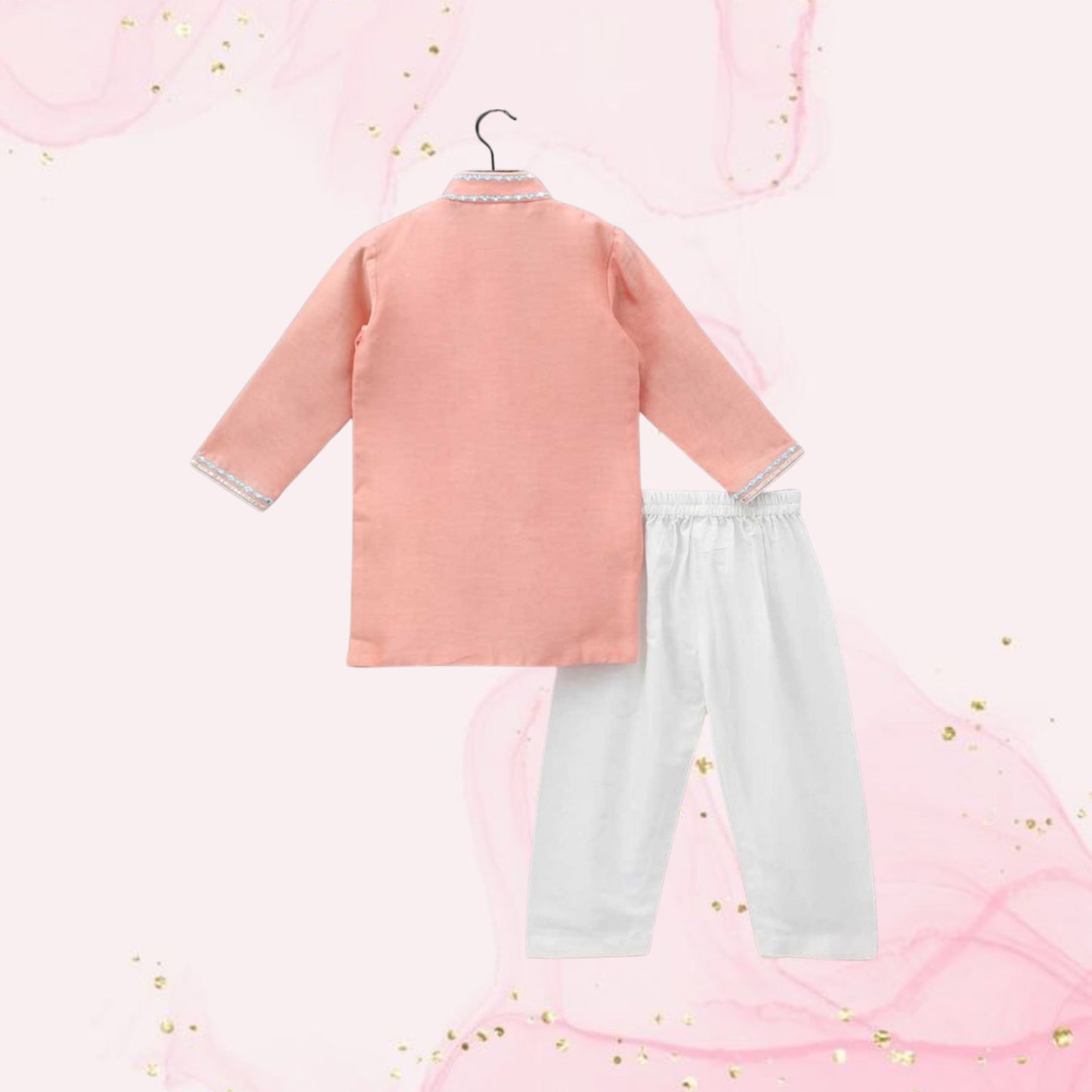 Pre Order: Fuax Mirror And Gota Lace Detail Peach Kurta And Pyjama