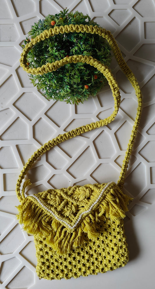 Mustard Macrame Pearl Bag