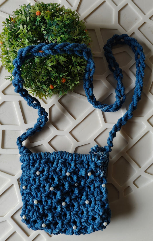 Blue Macrame Pearl Bag