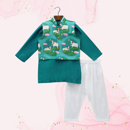 Pre Order: Silk Green Kurta With Front Open Pocket Detail Printed Jacket And Cotton Pyjama