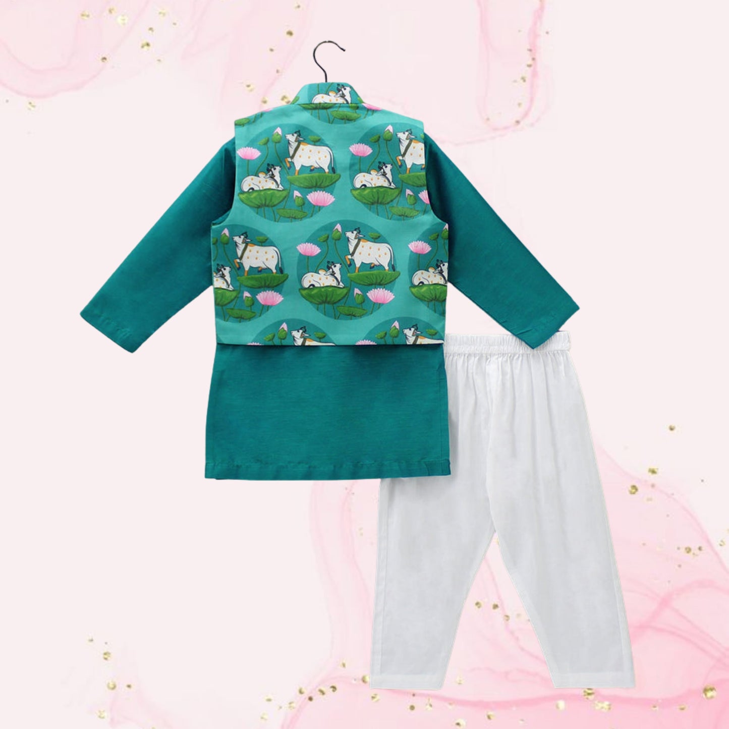 Pre Order: Silk Green Kurta With Front Open Pocket Detail Printed Jacket And Cotton Pyjama