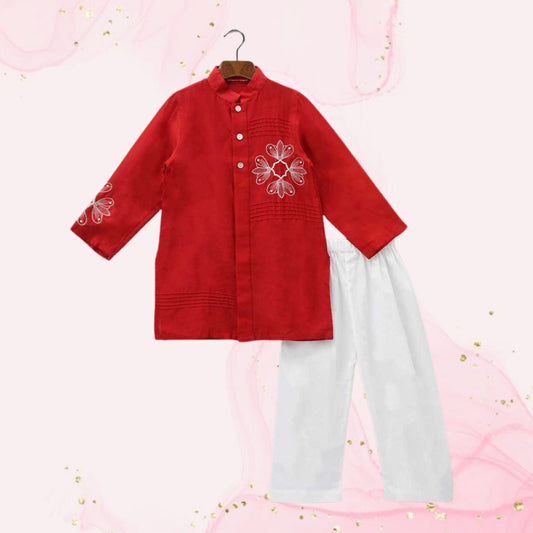 Pin Tuck Front Open Red Kurta And Pyjama