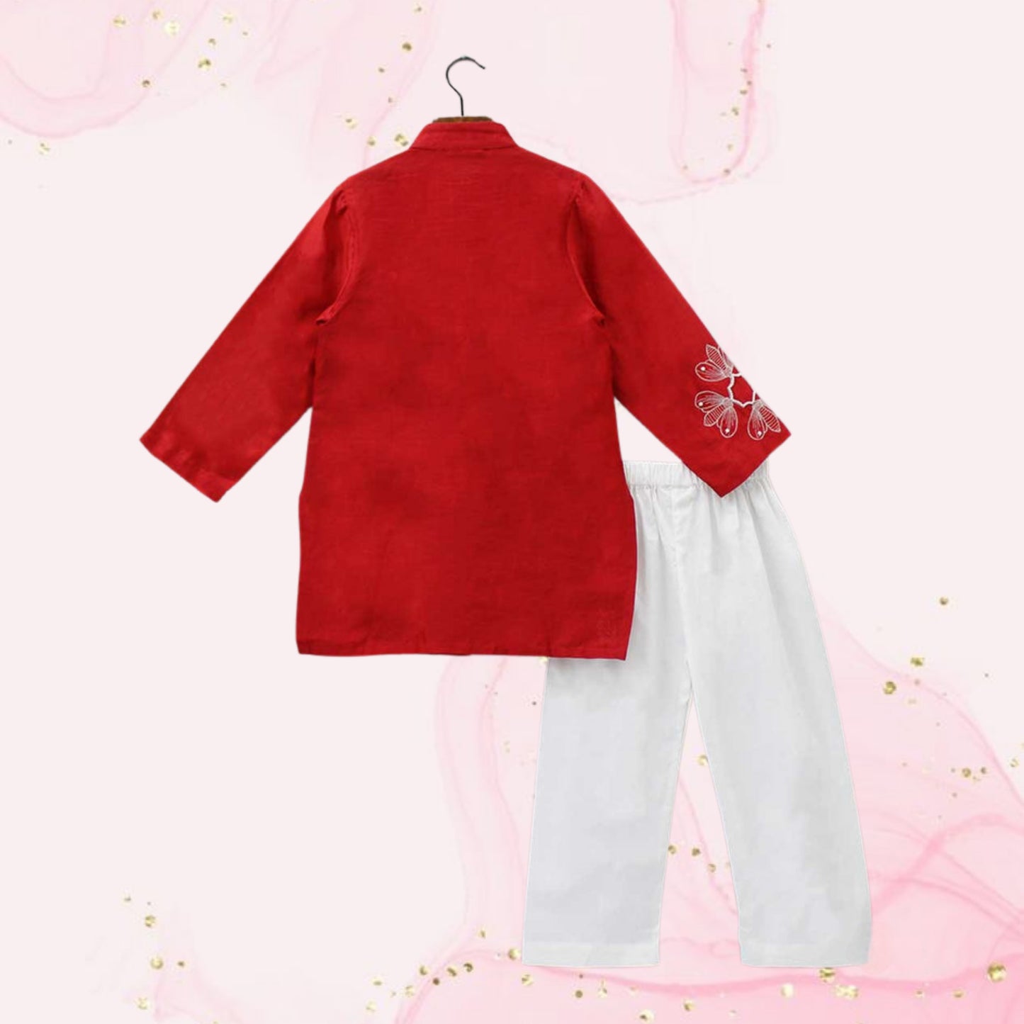 Pin Tuck Front Open Red Kurta And Pyjama