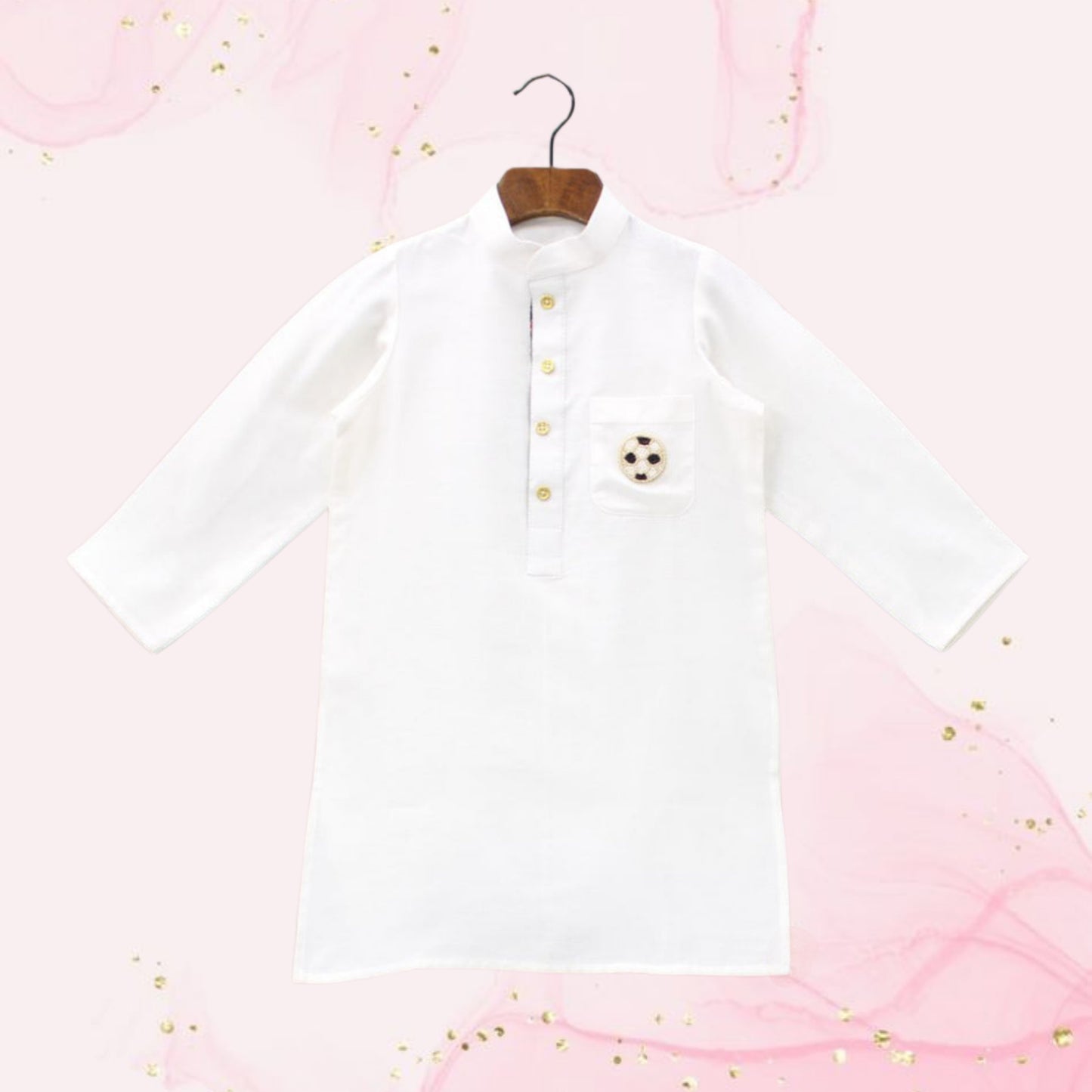 Pre Order: Football Embroidered Patch Pocket Detail White Kurta