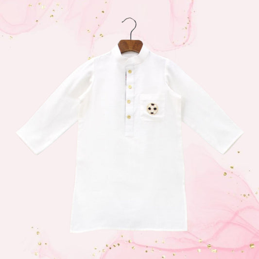 Pre Order: Football Embroidered Patch Pocket Detail White Kurta