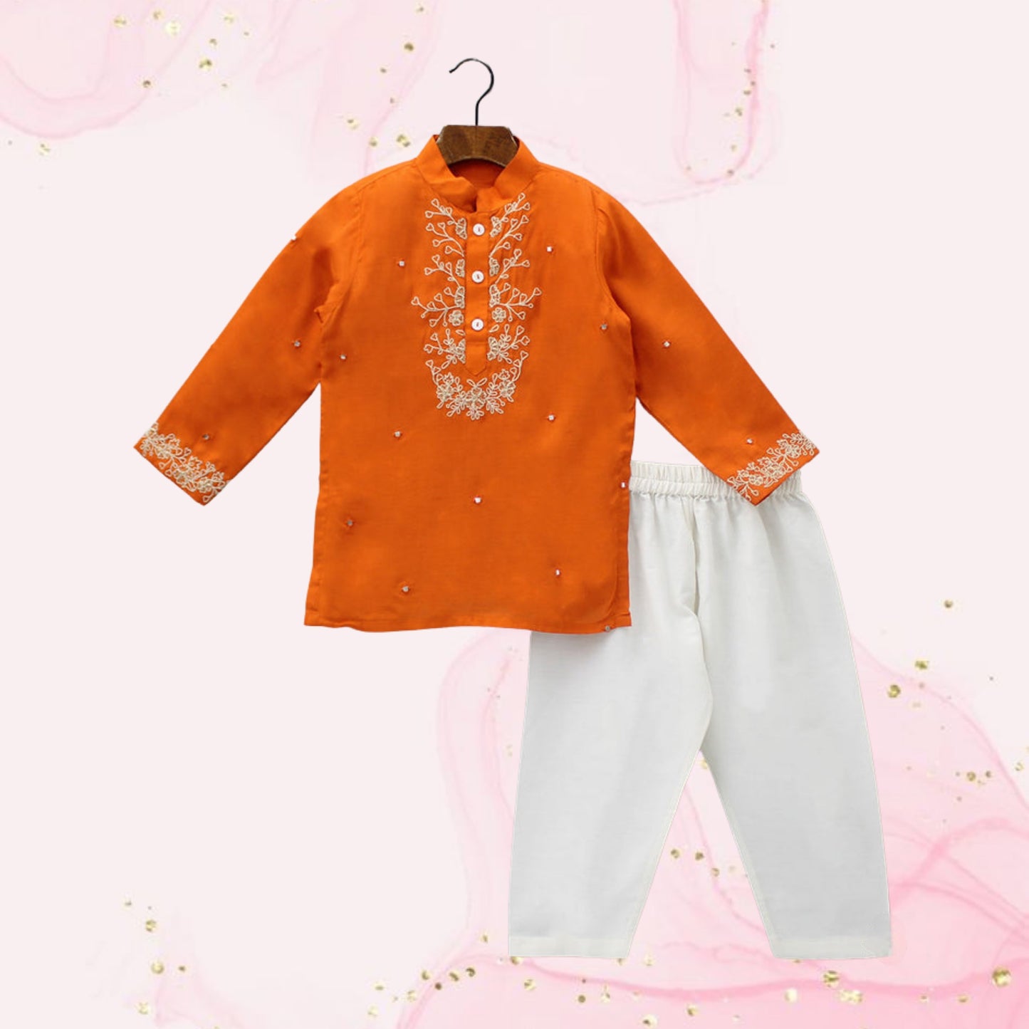 Pre Order: Orange Faux Mirror Work Kurta With Pyjama