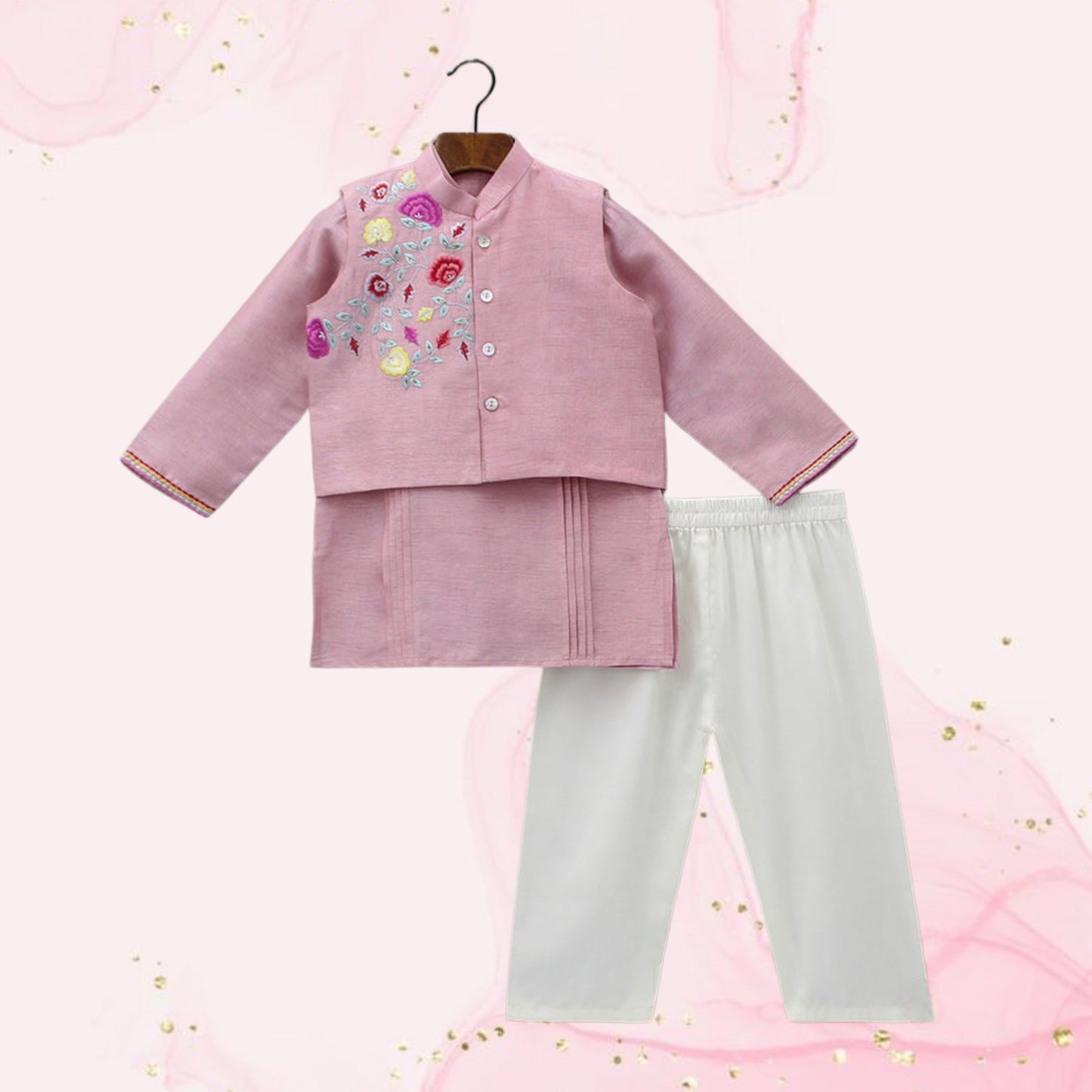 Pre Order: Purple Pintuck Kurta And Thread Embroidered Jacket With Pyjama