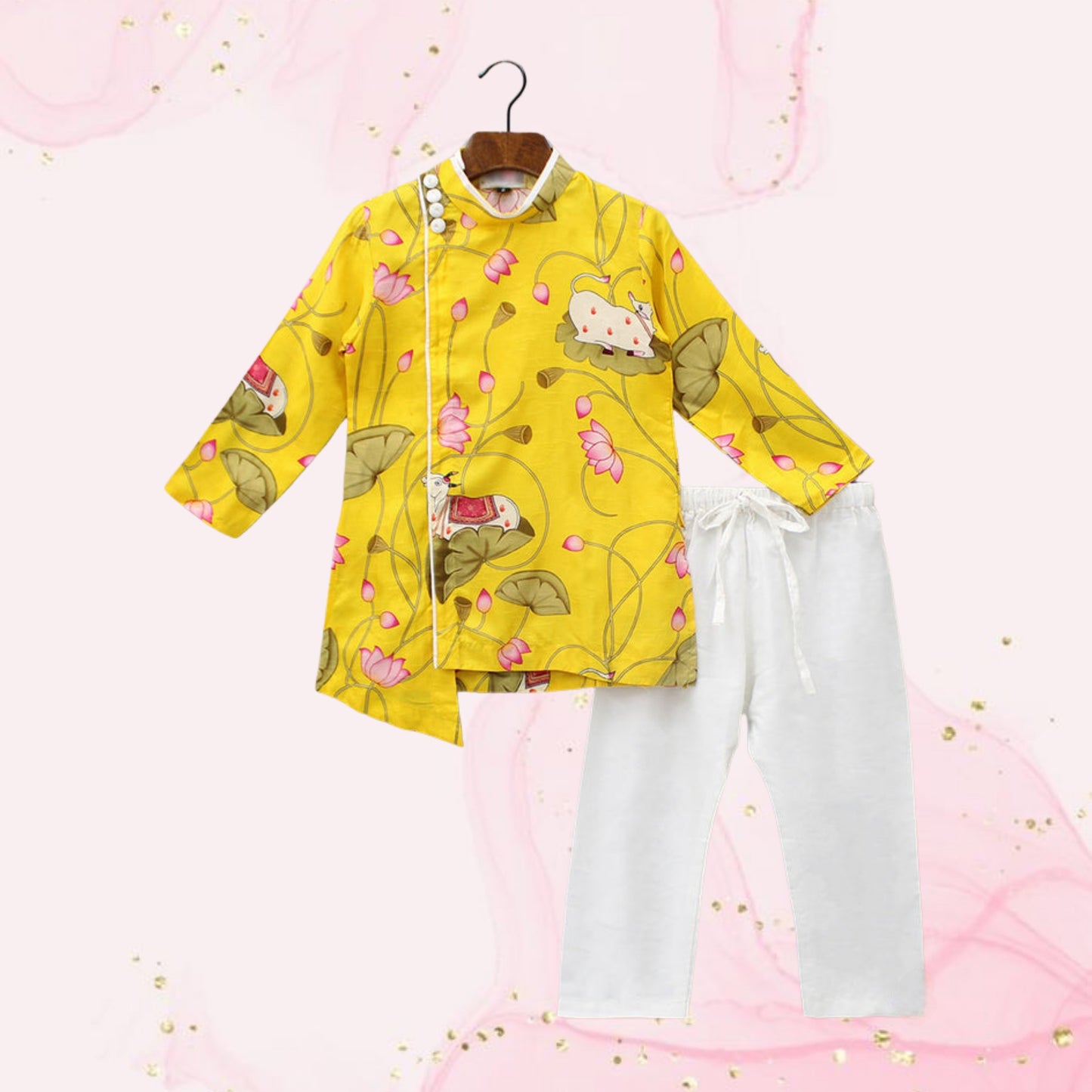 Pre Order: Cow And Lotus Printed Stylish Yellow Kurta With Pyjama