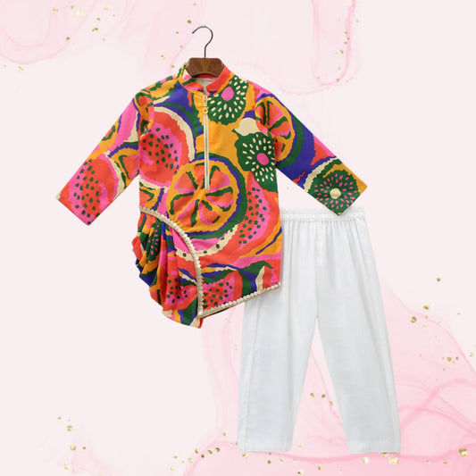 Pre Order: Pleated Stylish Hem Multicolour Kurta And Pyjama