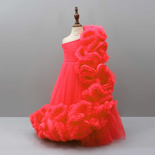 Pre Order: Red One Shoulder Ruffle Net Gown