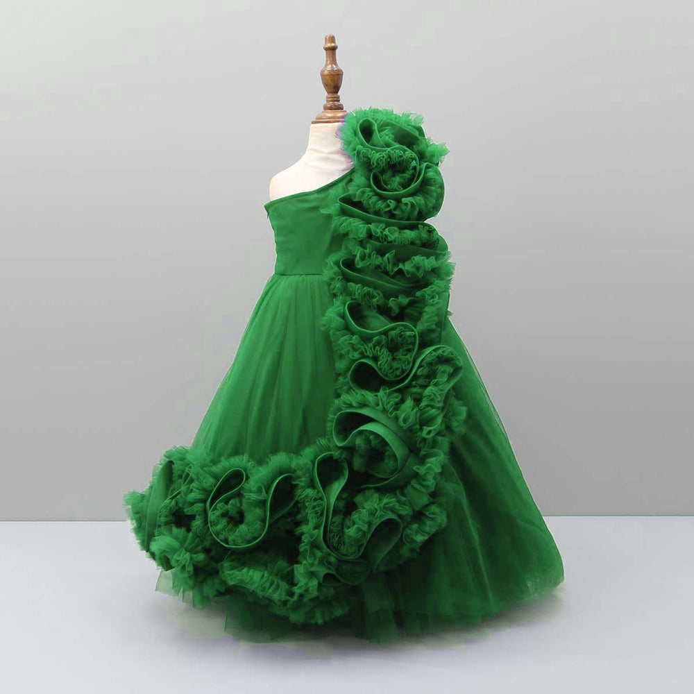 Pre Order: Green One Shoulder Ruffle Net Gown