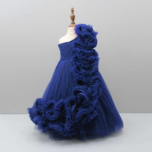 Pre Order: Royal Blue One Shoulder Ruffle Net Gown