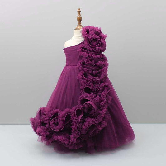 Pre Order:Magneta One Shoulder Ruffle Net Gown