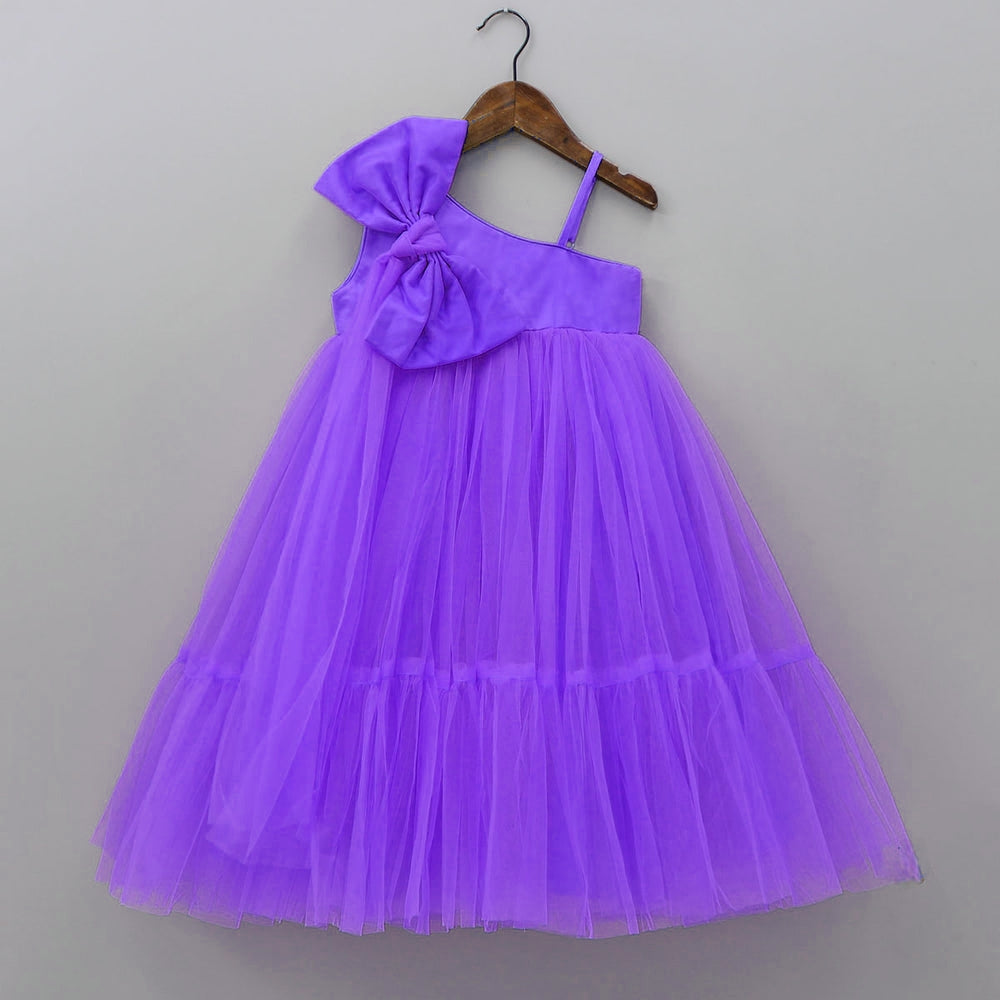 Bow Adorned Purple One Shoulder Gown