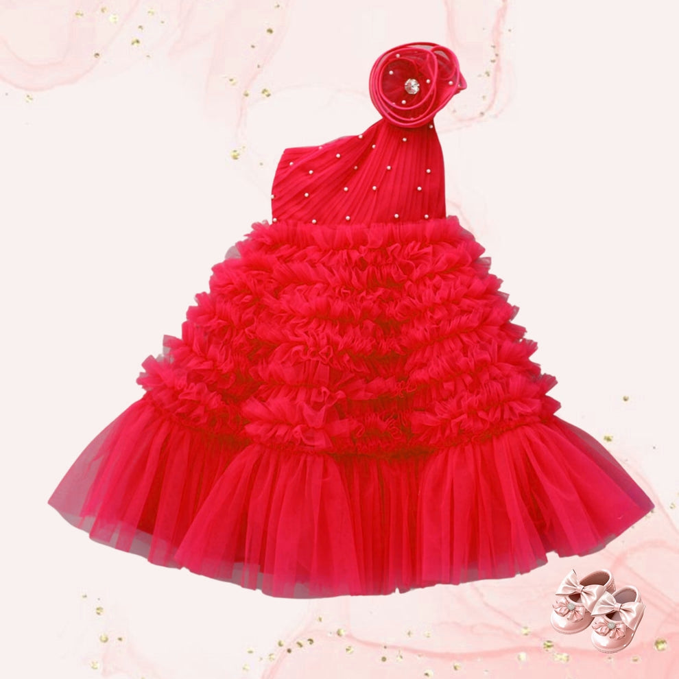 Swirl One Shoulder Frilled Red Gown