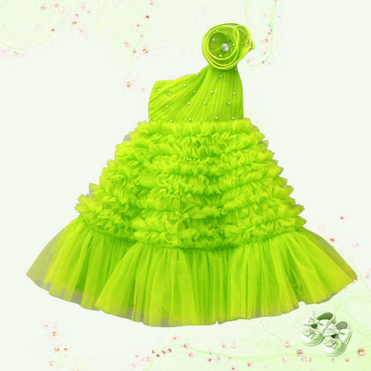 Swirl One Shoulder Frilled Green Gown