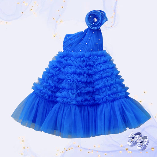 Swirl One Shoulder Frilled Blue Gown