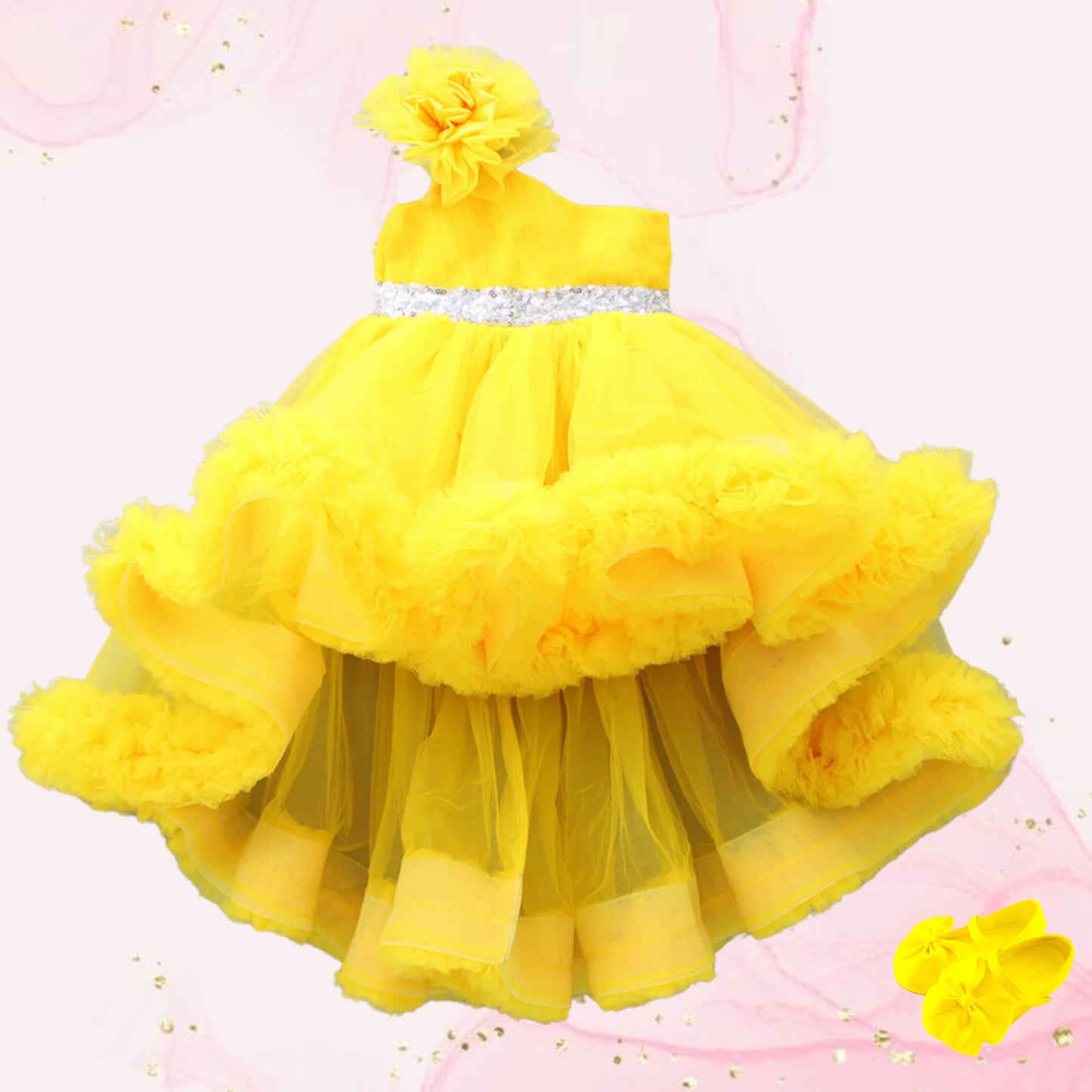 One Shoulder Ruffled Hem High Low Yellow Dress with Matching Head Band