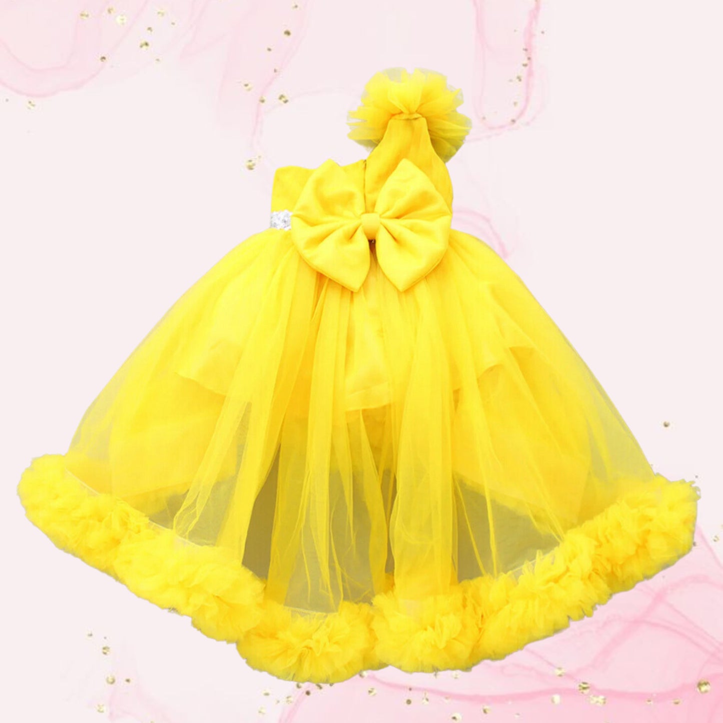 One Shoulder Ruffled Hem High Low Yellow Dress with Matching Head Band