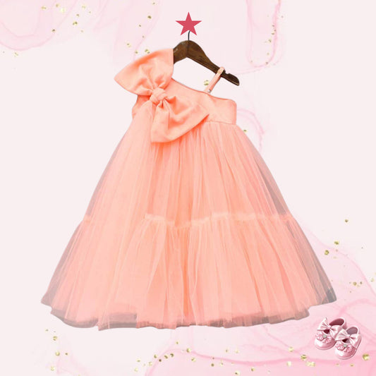 Bow Adorned Peach One Shoulder Gown